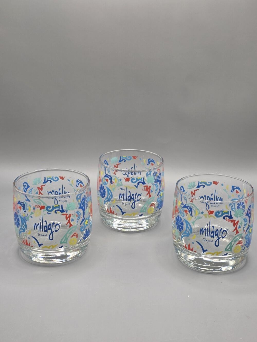 Milagro Tequila Rocks Glasses Set of 3 Special Edition Colorful Wrap Lowball Bar